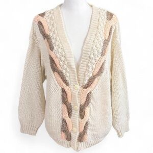 Cream and Brown Cable Knit Women's Sweater